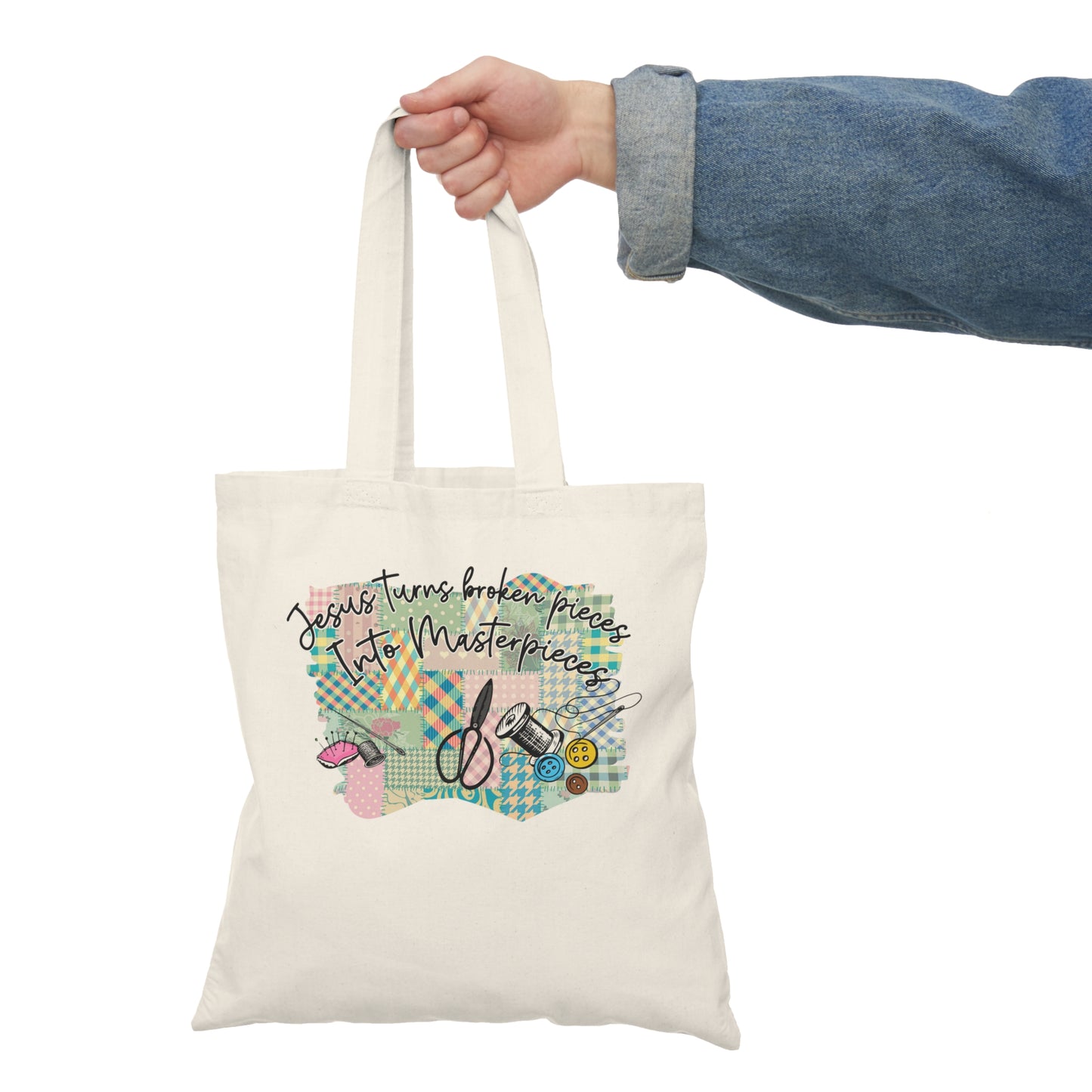 Inspirational Tote Bag - 'Jesus Turns Broken Pieces Into Masterpieces'
