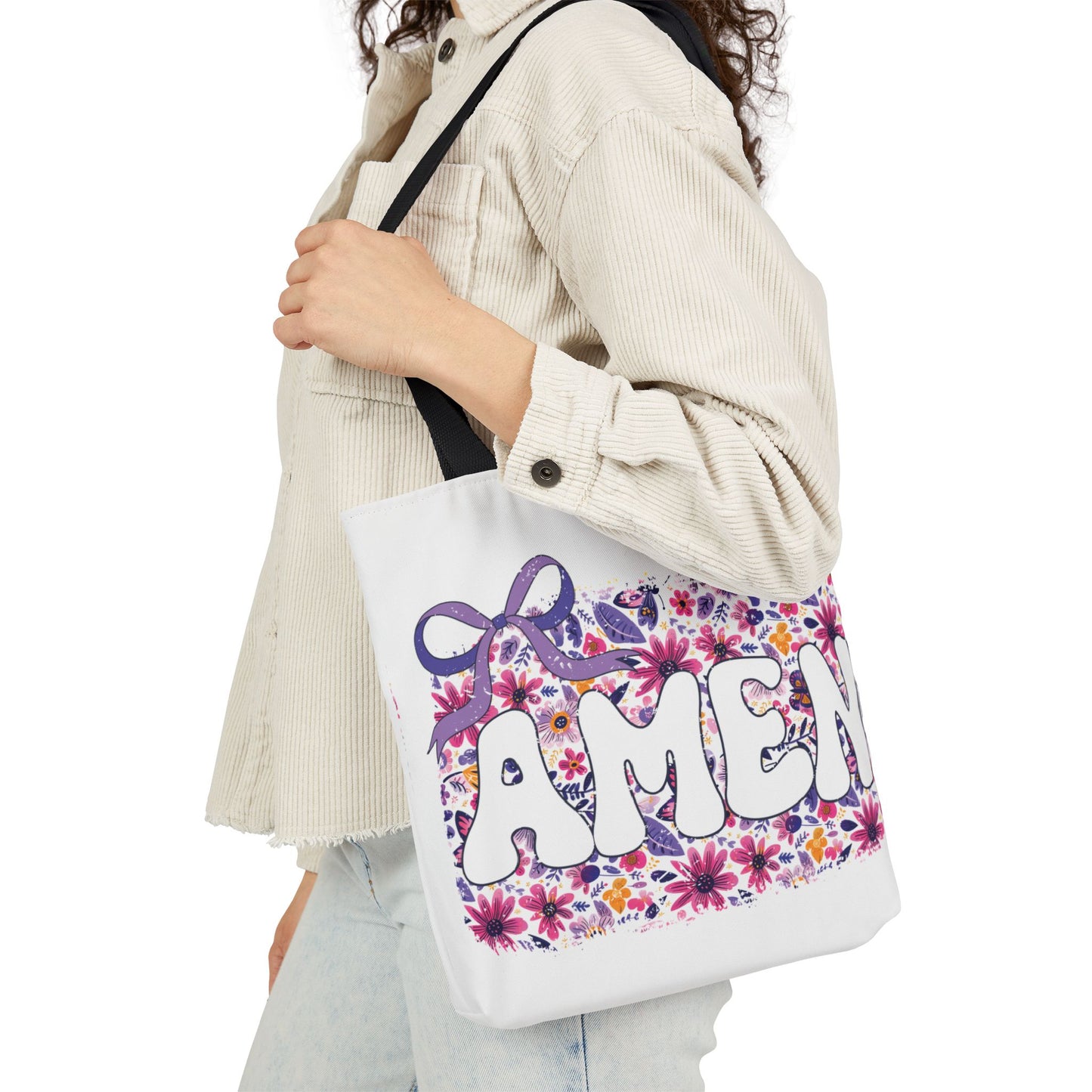 Floral "Amen" Canvas Tote Bag with 5-Color Straps