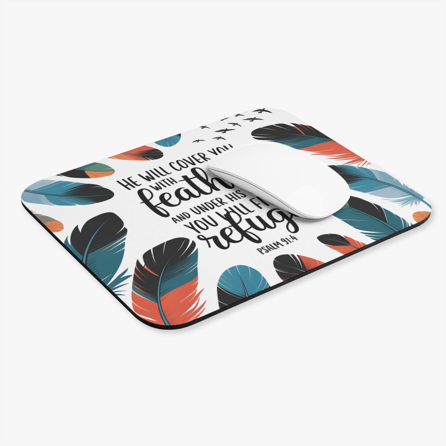 Inspirational Feather Mouse Pad - Psalm 91:4 Design