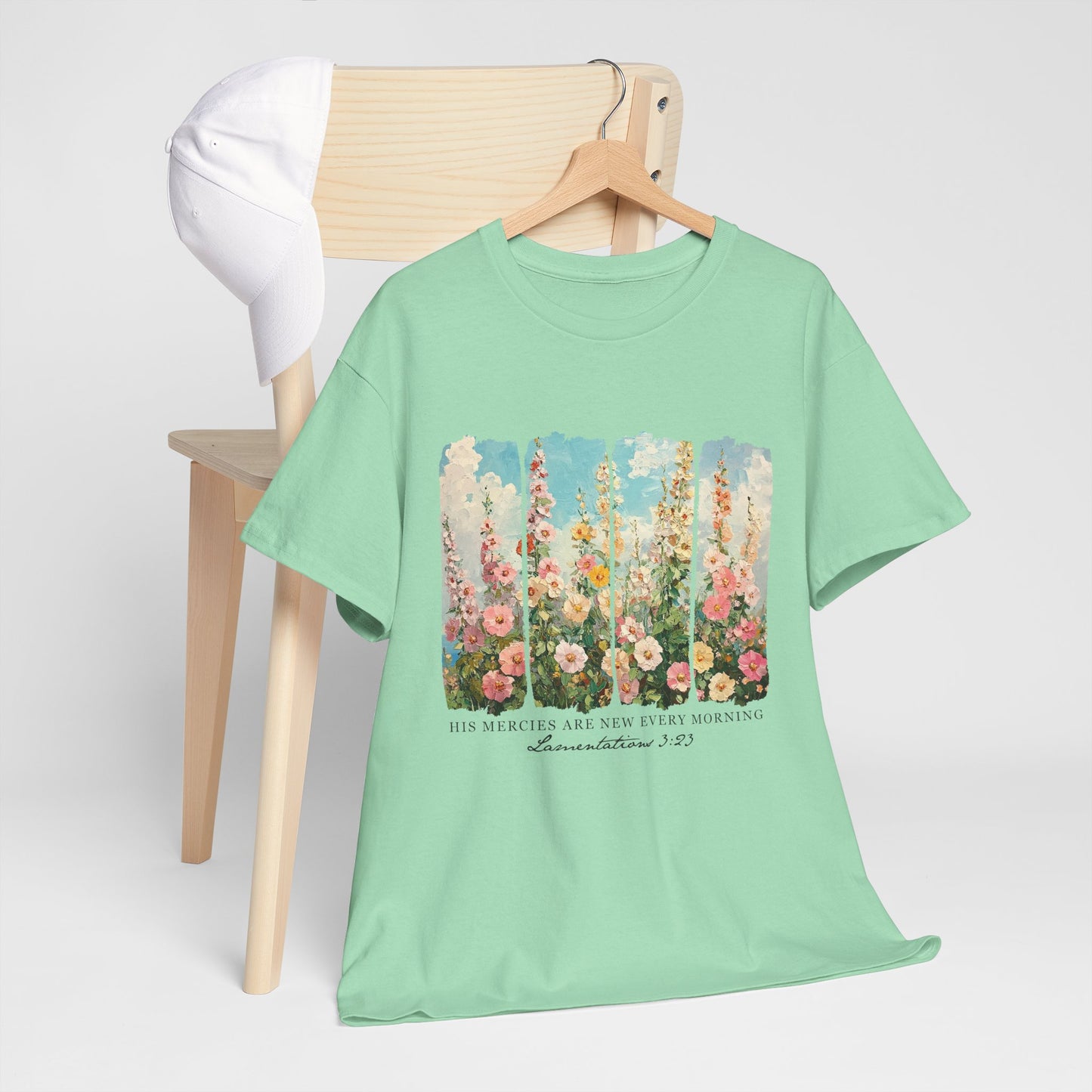 Inspirational Floral Unisex Heavy Cotton Tee - "His Mercies Are New Every Morning"