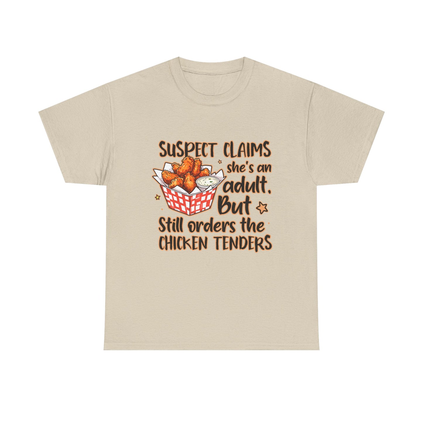 Funny Unisex Heavy Cotton Tee - 'Suspect Claims She's an Adult But Still Orders the Chicken Tenders'