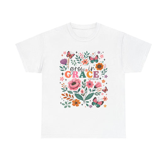 Grow in Grace Heavy Cotton Tee - Floral Design