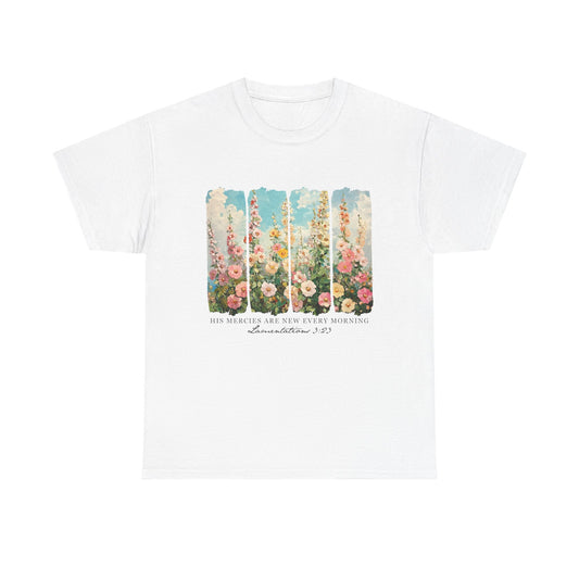 Inspirational Floral Unisex Heavy Cotton Tee - "His Mercies Are New Every Morning"