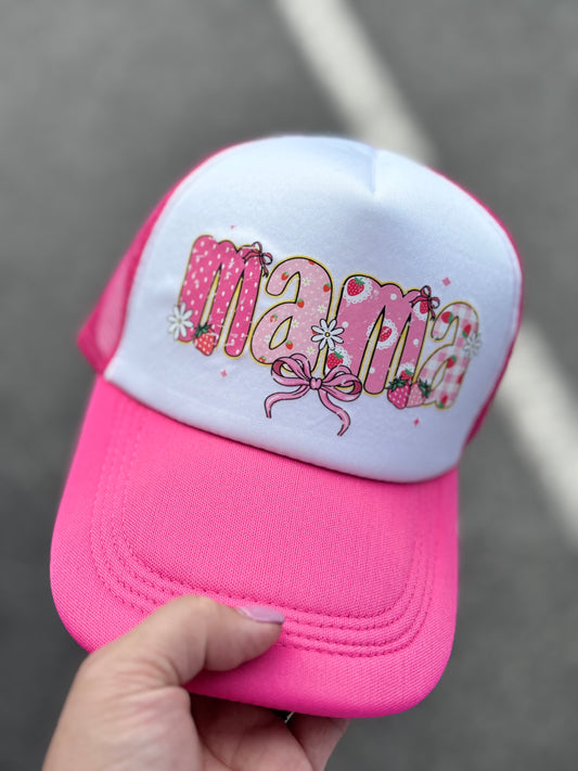 Mama Trucker Hat - Sweet Strawberry & Coquette Bow