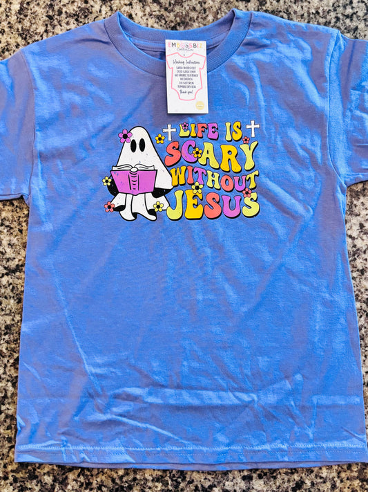 Life Is Scary Without Jesus Youth T-Shirt | Cute Girly Ghost Christian Tee