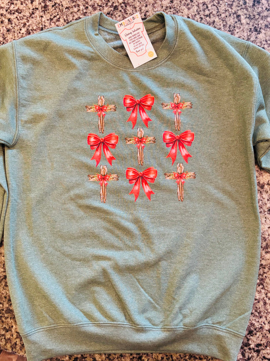 Wooden Cross & Red Bow Sweatshirt | Military Green Christian Holiday Crewneck